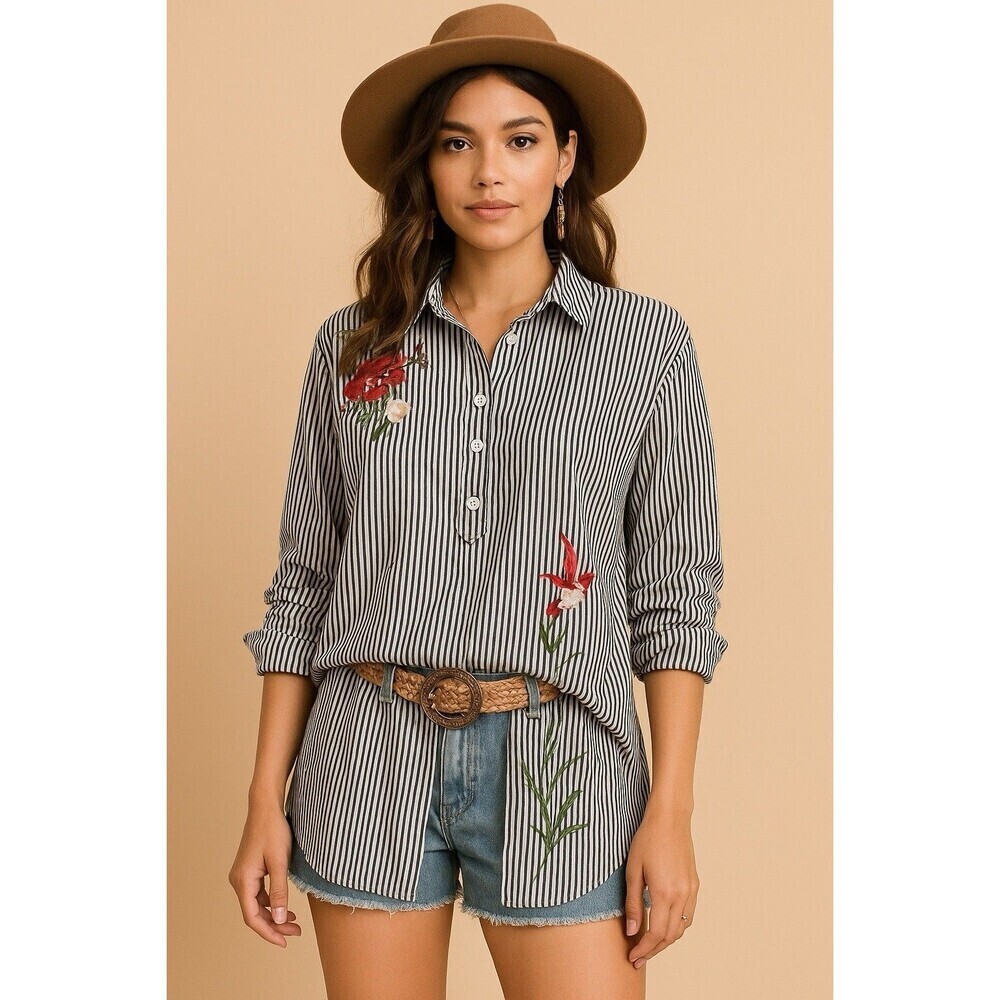 KontroL Contemporary Women’s Striped Flower Embroidered Shirt Blouse Size Large
